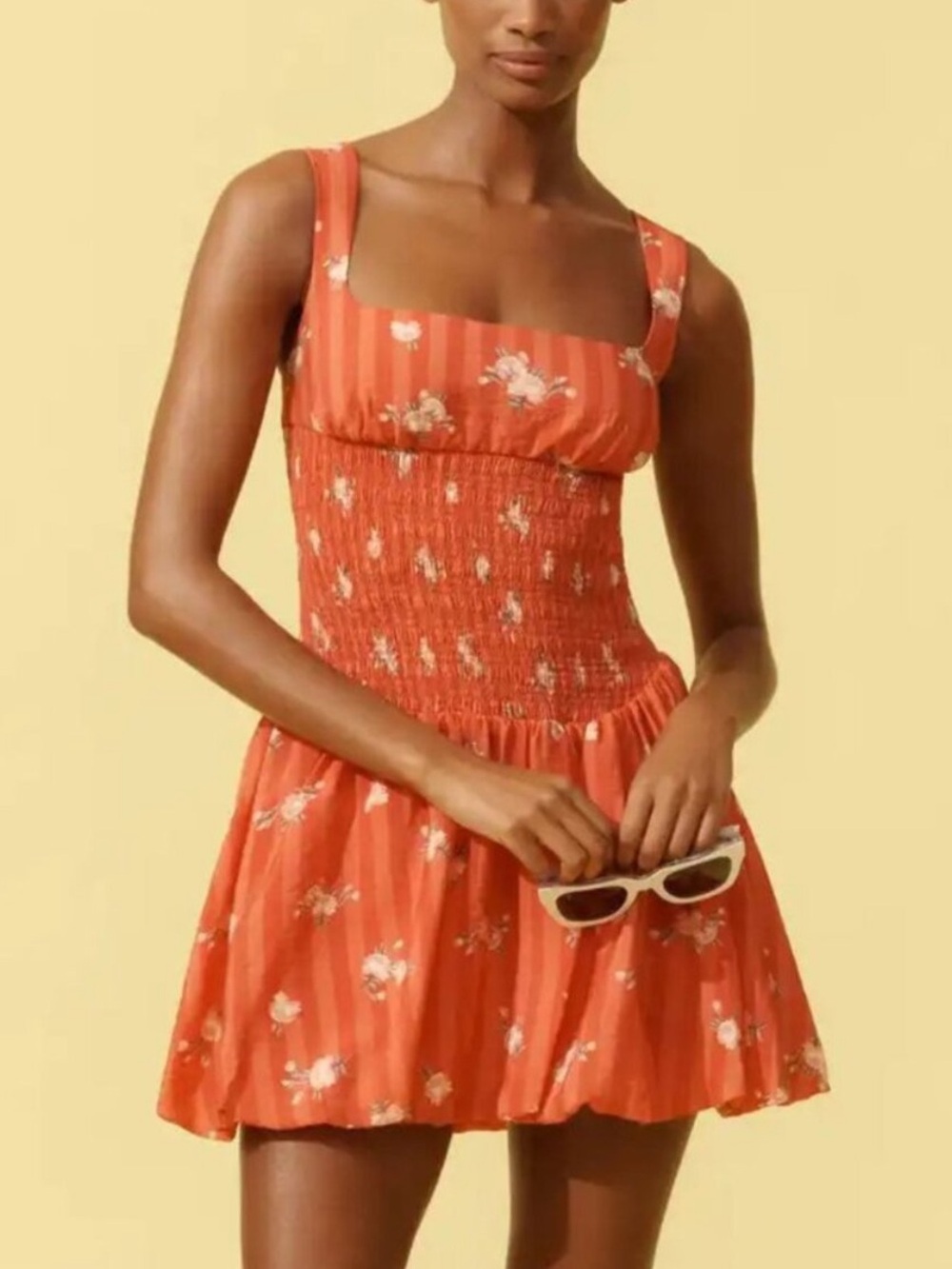 Anthropologie Maeve Red Floral Square-Neck Smocked Mini Dress Medium 8612